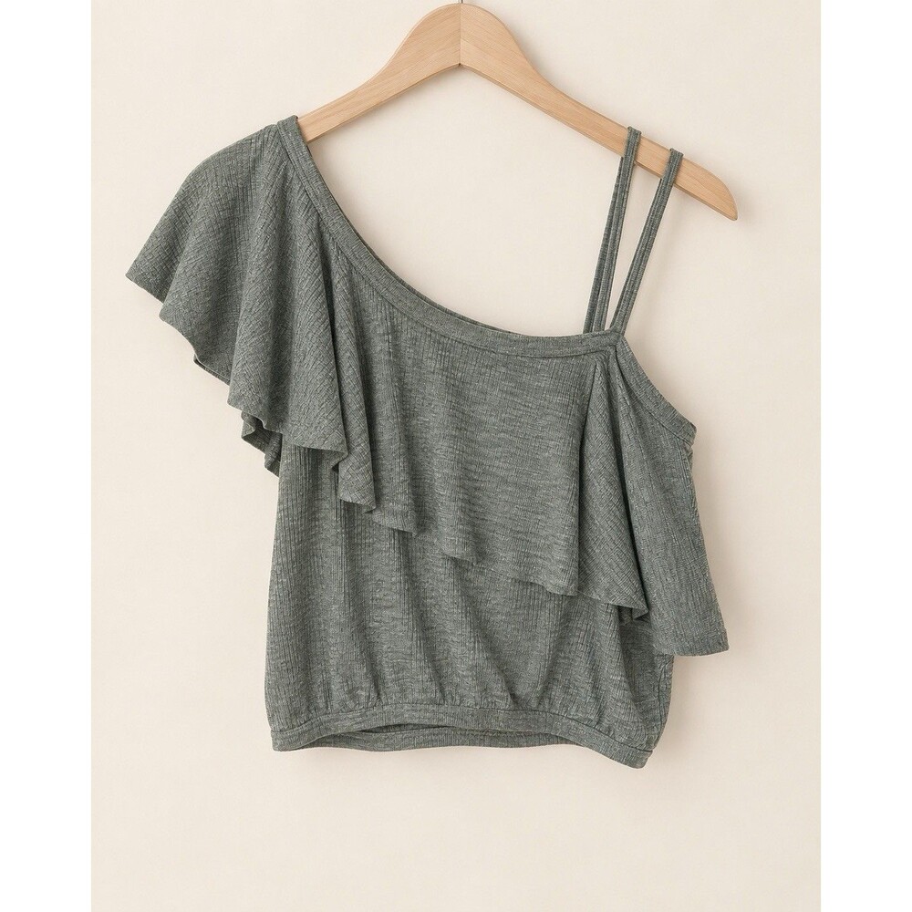 Ginger G Women’s Gray One Shoulder Ruffle Knit Pullover Blouse Size M